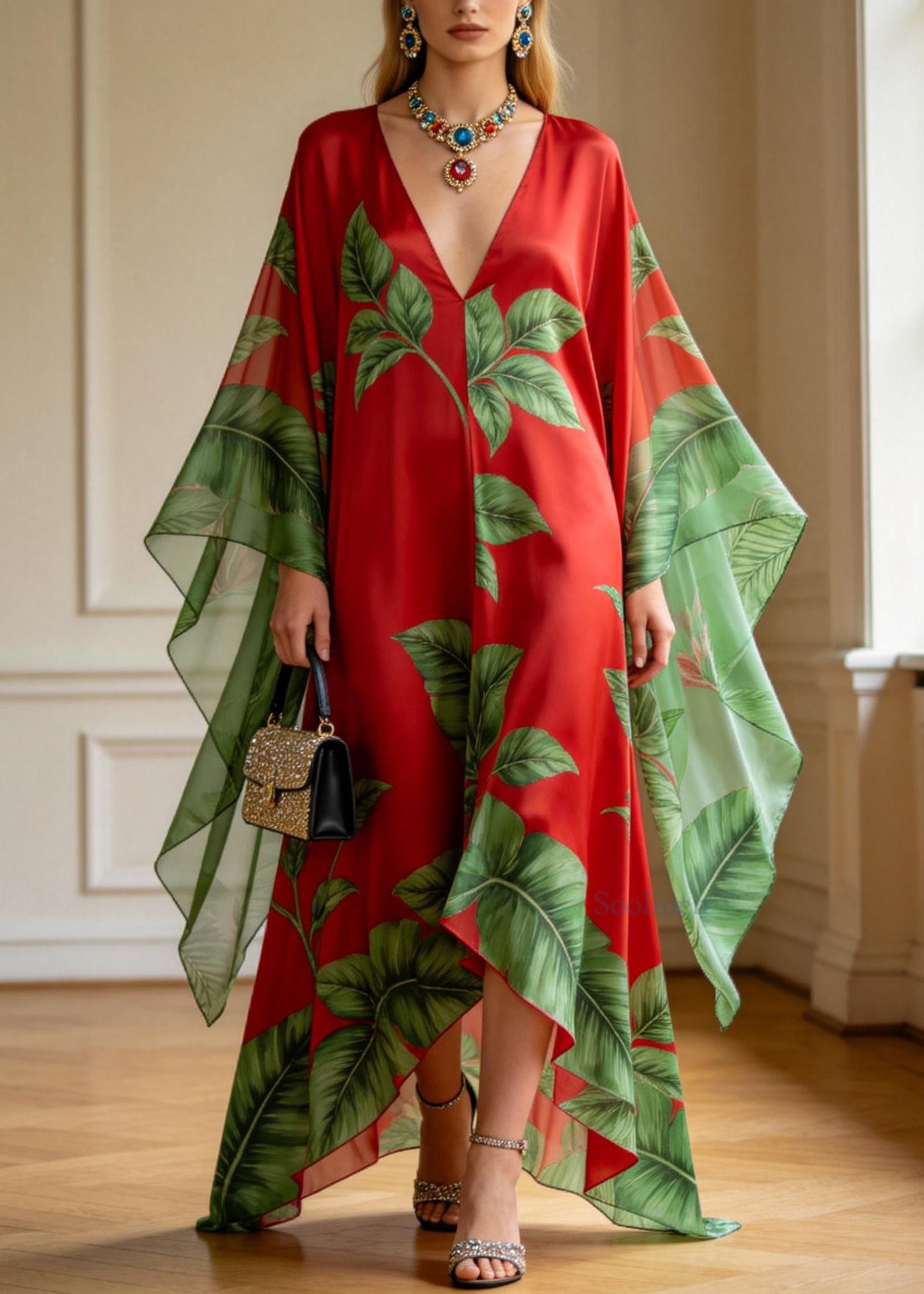 Plus Size Red V Neck Print Chiffon Ankle Dress Summer
