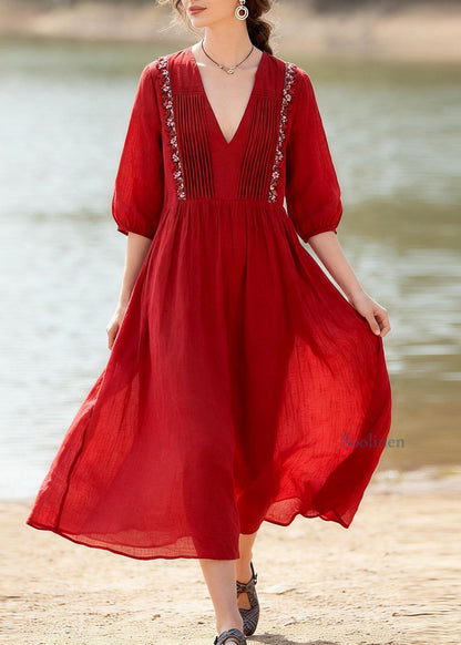 Plus Size Red V Neck Wrinkled Floral Linen Dress Summer