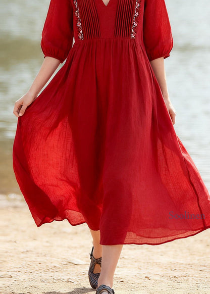 Plus Size Red V Neck Wrinkled Floral Linen Dress Summer