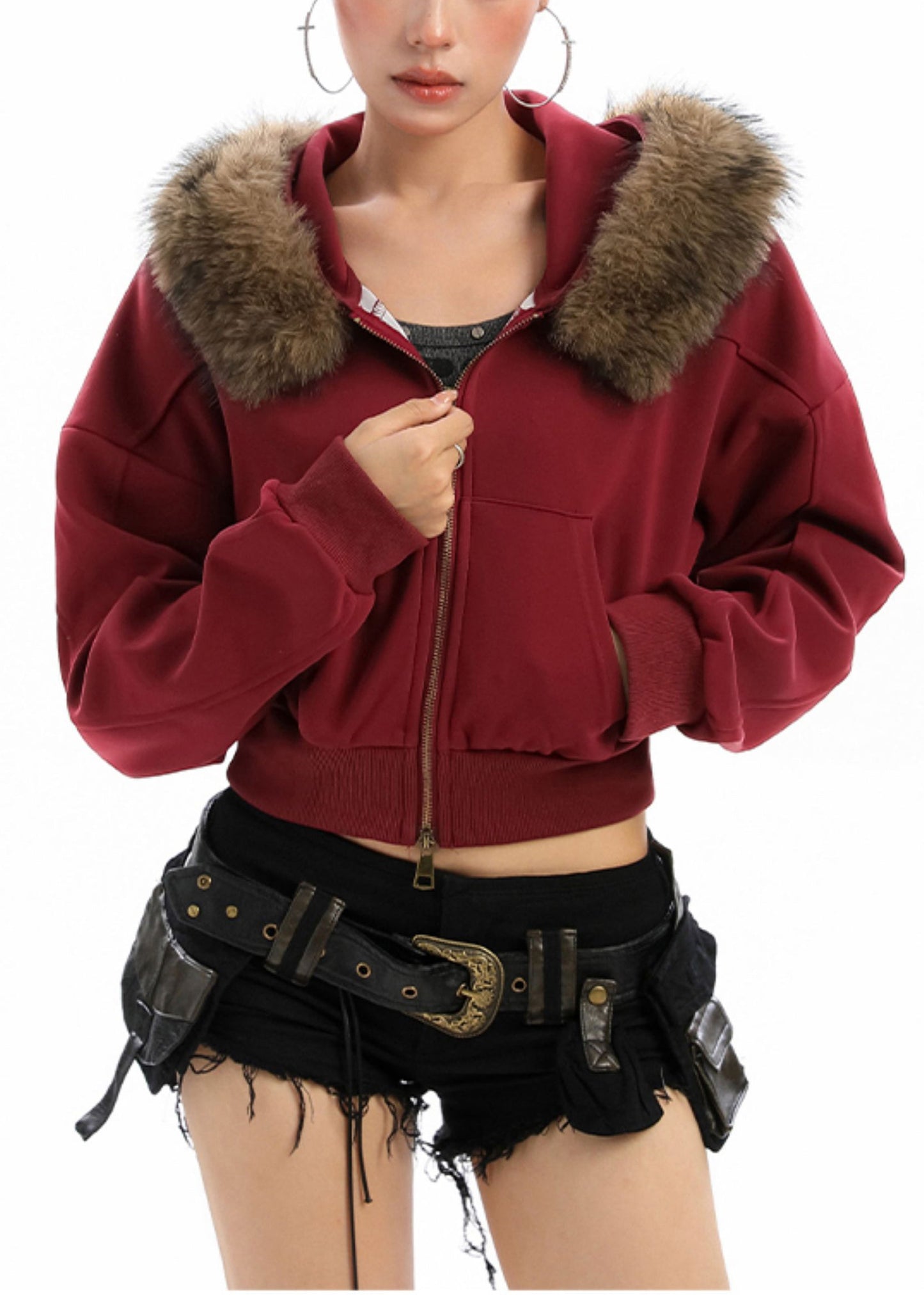 Abrigo de invierno con capucha y parches de piel sintética de talla grande, rojo, con cremallera