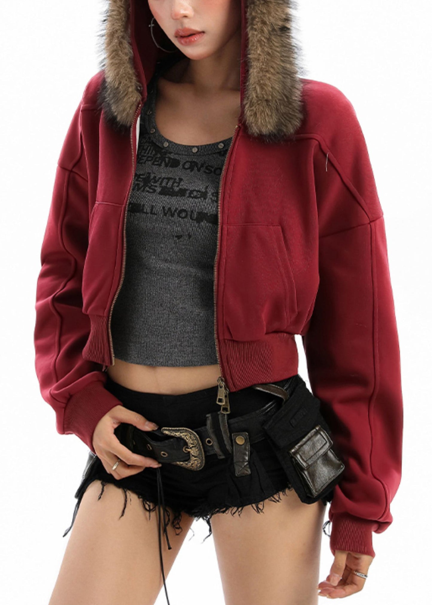 Abrigo de invierno con capucha y parches de piel sintética de talla grande, rojo, con cremallera