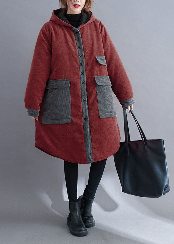 Plus Size Roter Wintermantel mit Kapuze und Knopfleiste aus Cord