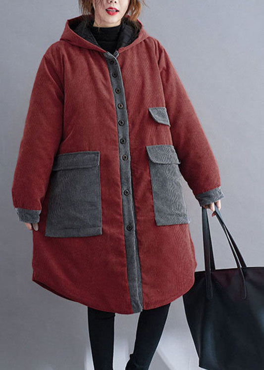 Plus Size Roter Wintermantel mit Kapuze und Knopfleiste aus Cord