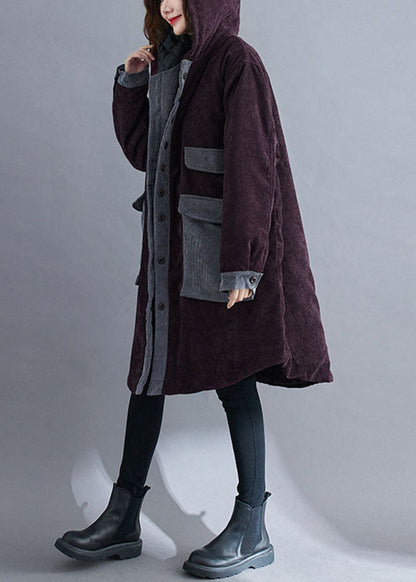 Plus Size Roter Wintermantel mit Kapuze und Knopfleiste aus Cord