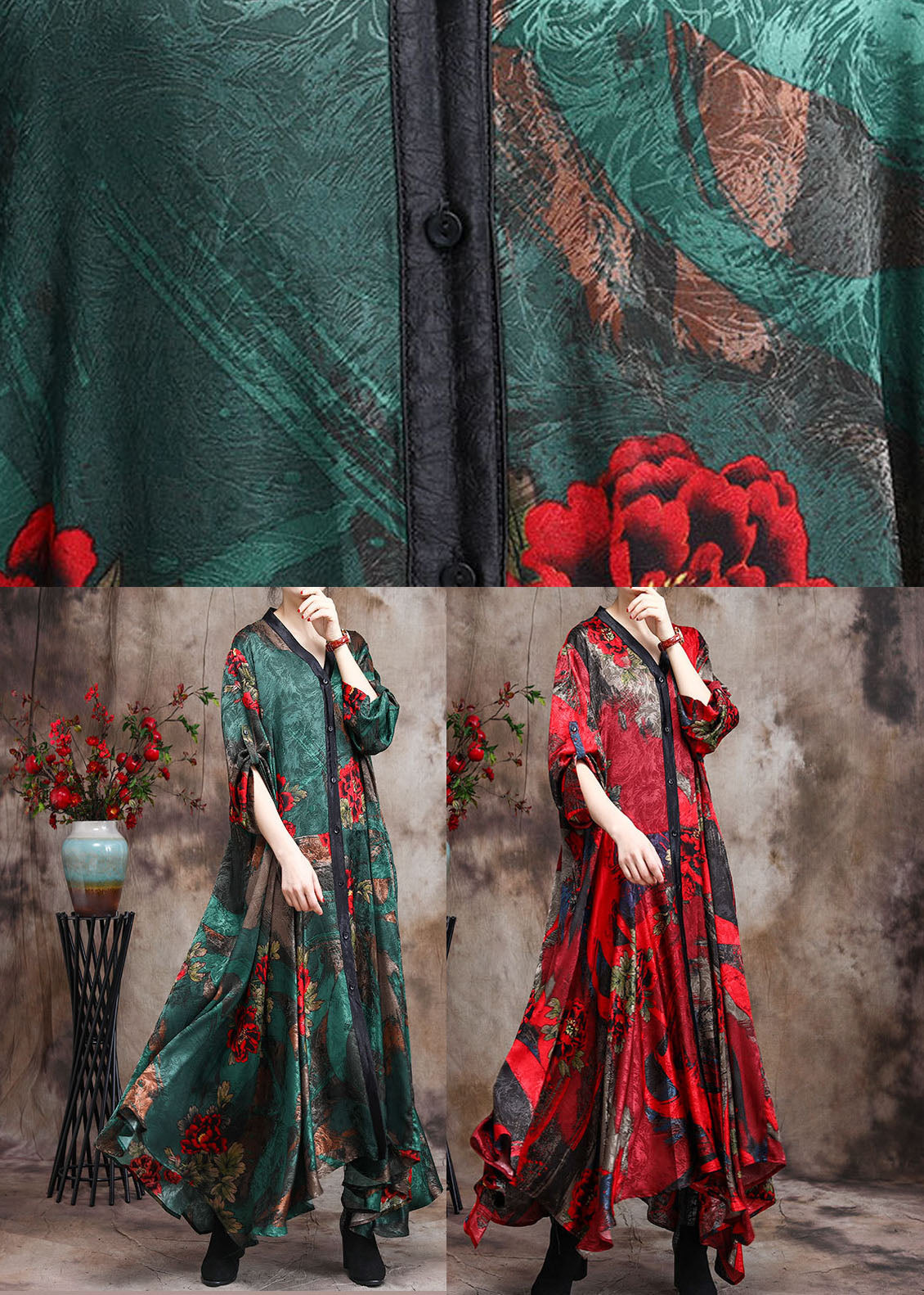 Rotes Patchwork-Herbstkleid im Retro-Print in Übergröße