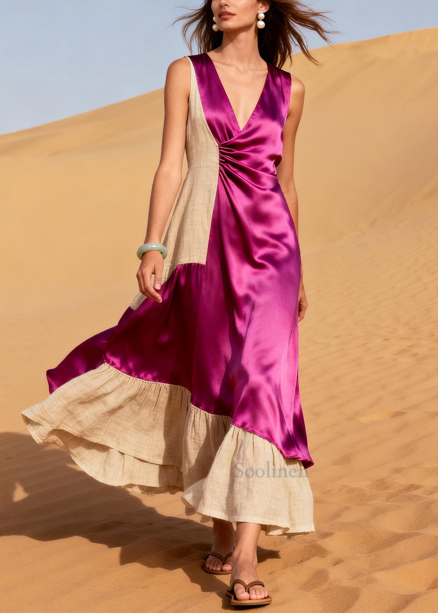 Plus Size Rose Asymmetrical Patchwork Linen Silk Long Dresses Summer