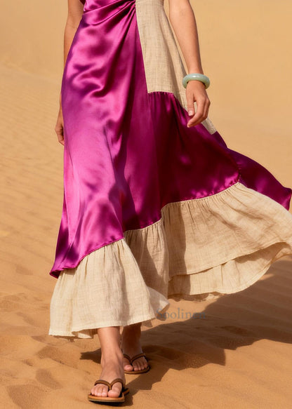 Plus Size Rose Asymmetrical Patchwork Linen Silk Long Dresses Summer