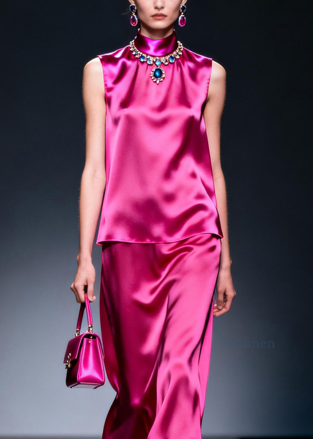 Plus Size Rose Hign Neck False Two Pieces Silk Dresses Sleeveless