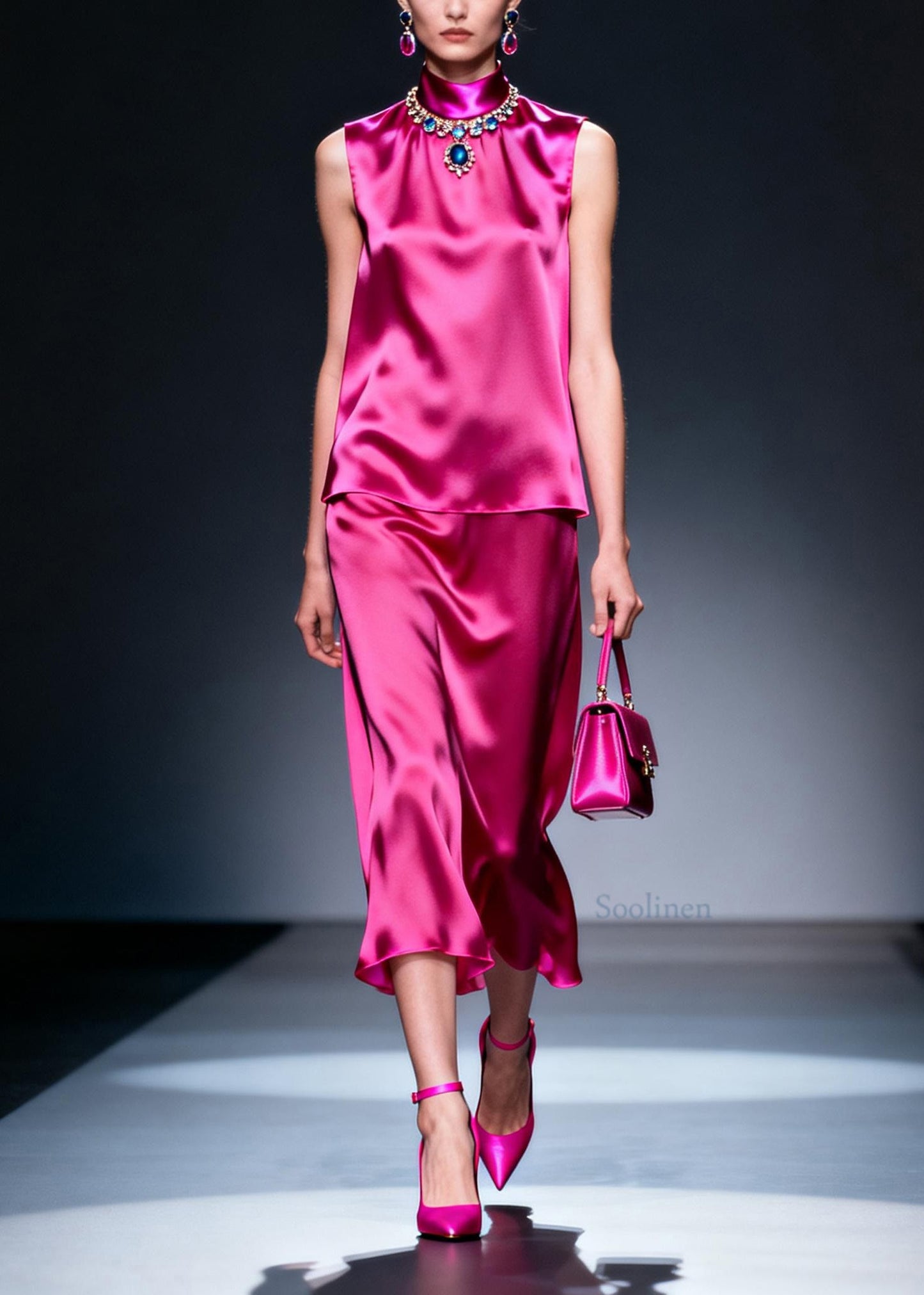 Plus Size Rose Hign Neck False Two Pieces Silk Dresses Sleeveless