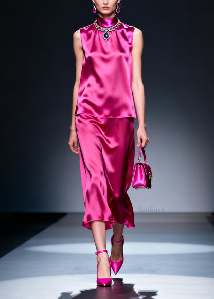 Plus Size Rose Hign Neck False Two Pieces Silk Dresses Sleeveless