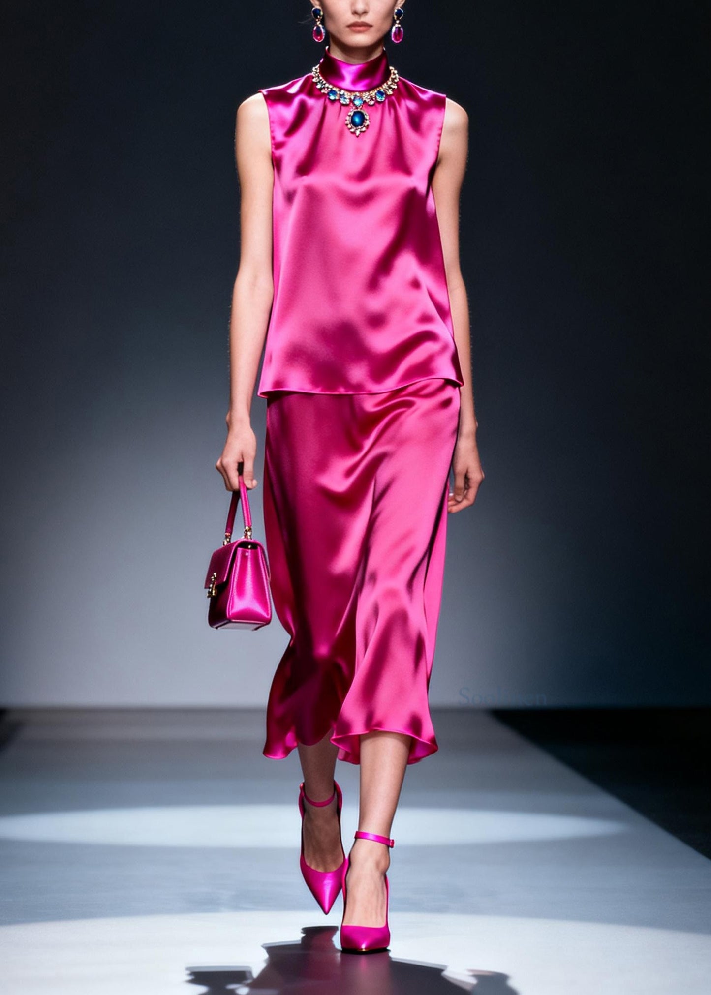 Plus Size Rose Hign Neck False Two Pieces Silk Dresses Sleeveless