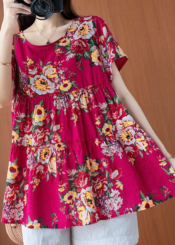 Plus Size Rose Print Cinched Cotton Linen Blouses Summer - SooLinen