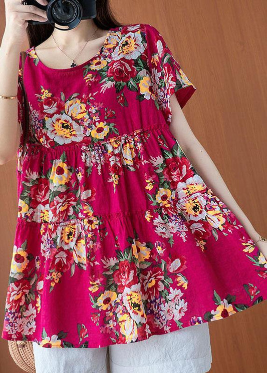 Plus Size Rose Print Cinched Cotton Linen Blouses Summer - SooLinen