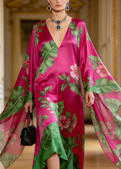 Plus Size Rose V Neck Asymmetrical Design Print Chiffon Robe Dresses Batwing Sleeve