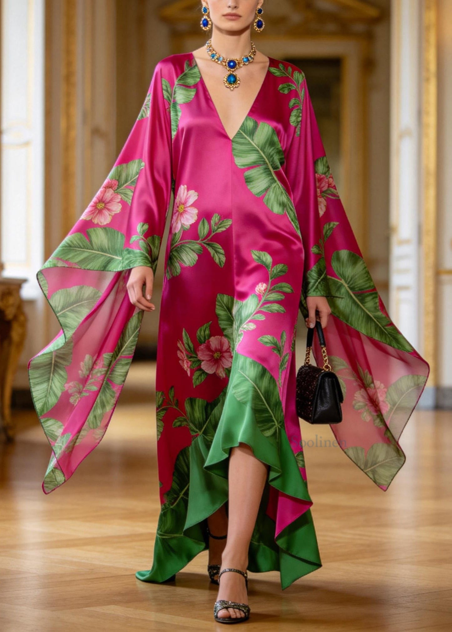 Plus Size Rose V Neck Asymmetrical Design Print Chiffon Robe Dresses Batwing Sleeve