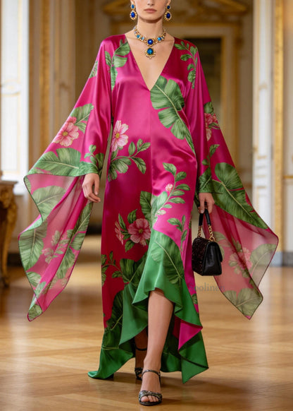 Plus Size Rose V Neck Asymmetrical Design Print Chiffon Robe Dresses Batwing Sleeve