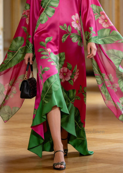 Plus Size Rose V Neck Asymmetrical Design Print Chiffon Robe Dresses Batwing Sleeve