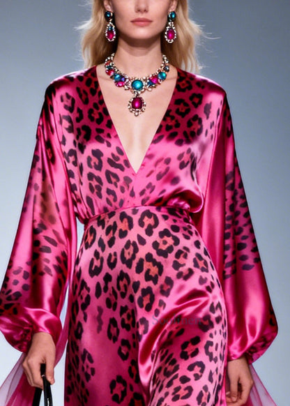 Plus Size Rose V Neck Leopard Print Silk Dress Summer