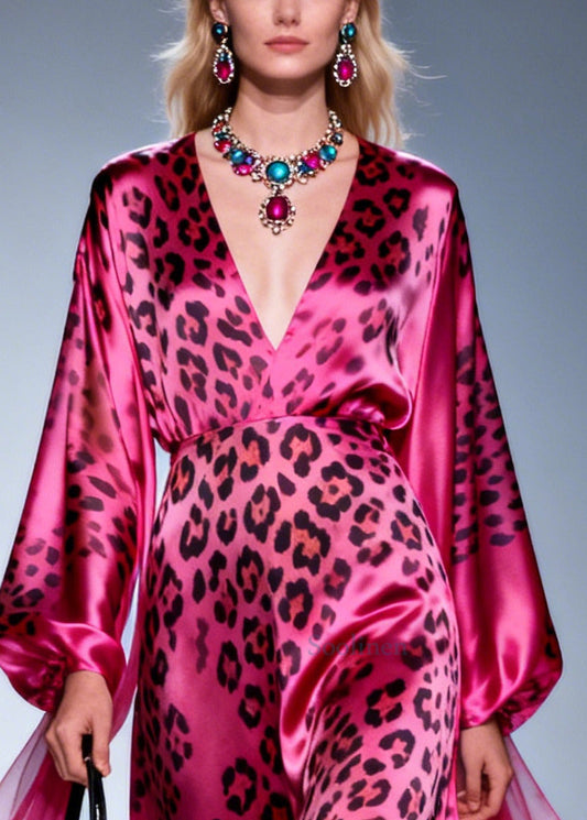 Plus Size Rose V Neck Leopard Print Silk Dress Summer