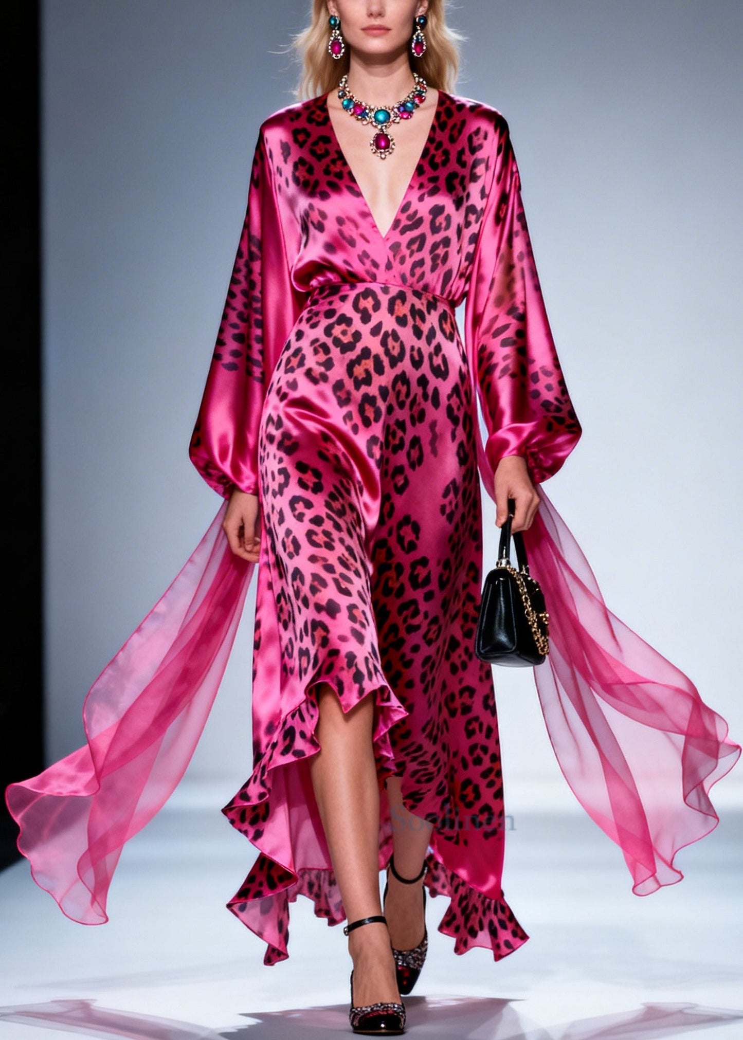 Plus Size Rose V Neck Leopard Print Silk Dress Summer