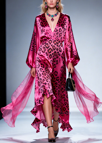 Plus Size Rose V Neck Leopard Print Silk Dress Summer