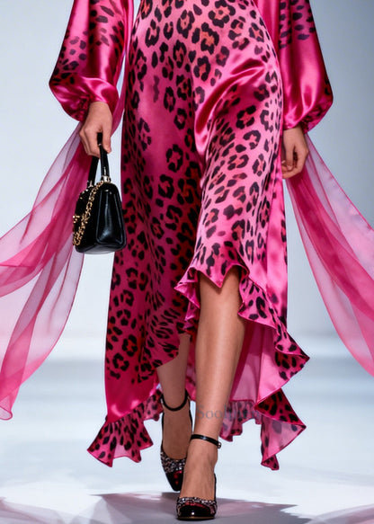 Plus Size Rose V Neck Leopard Print Silk Dress Summer