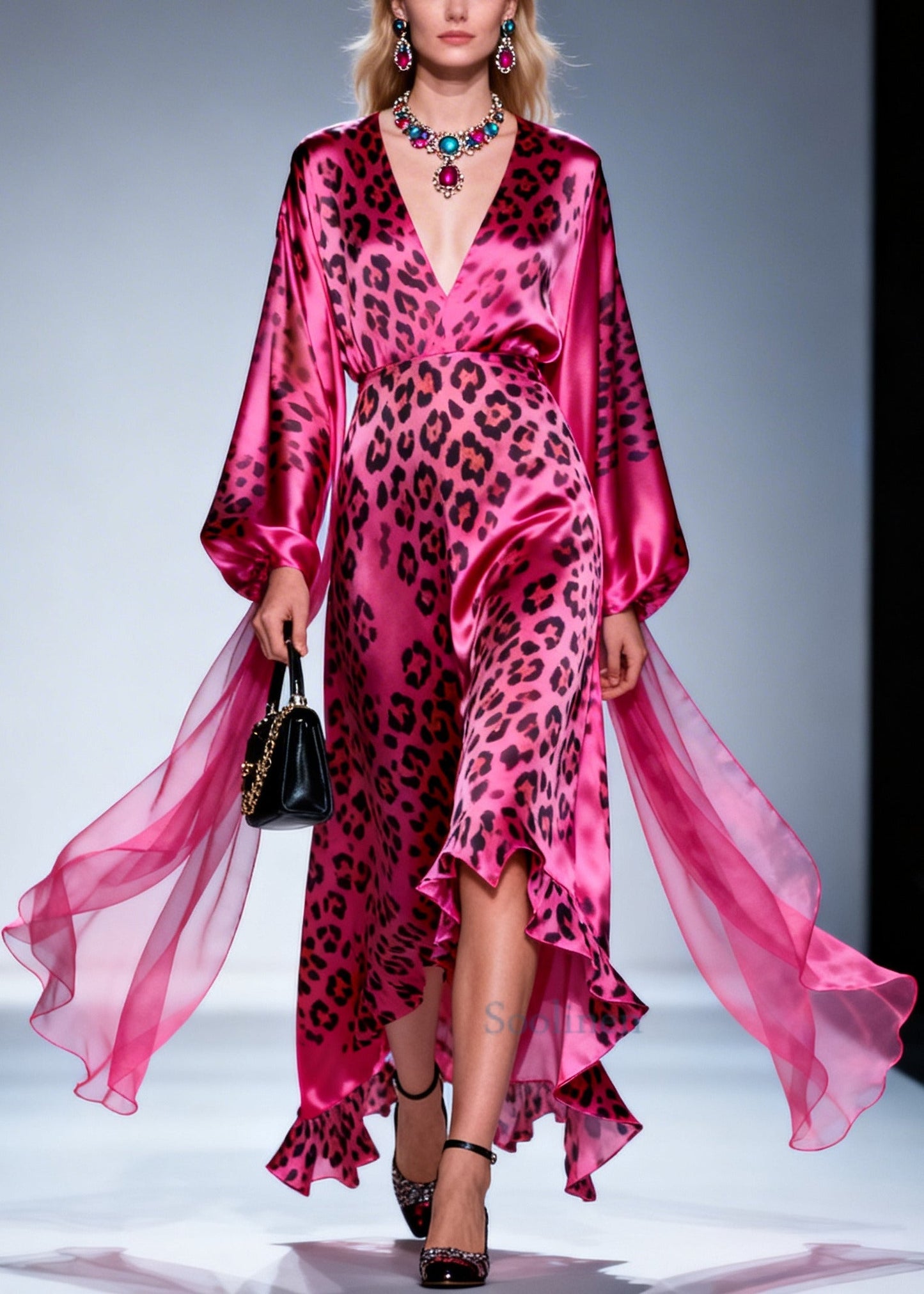 Plus Size Rose V Neck Leopard Print Silk Dress Summer