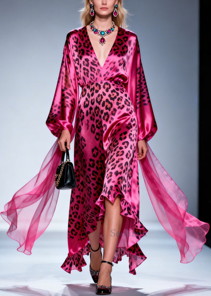 Plus Size Rose V Neck Leopard Print Silk Dress Summer