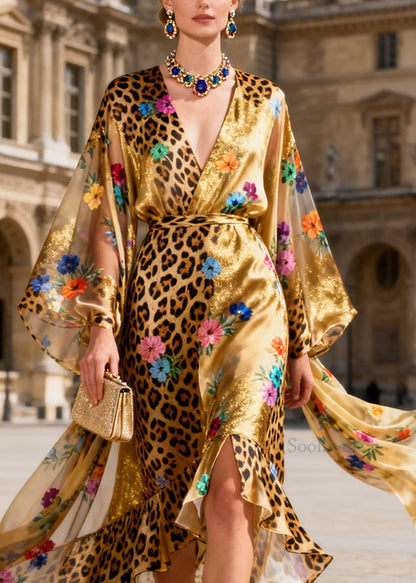 Plus Size Ruffled Asymmetrical Design Floral Silk Maxi Dress Summer