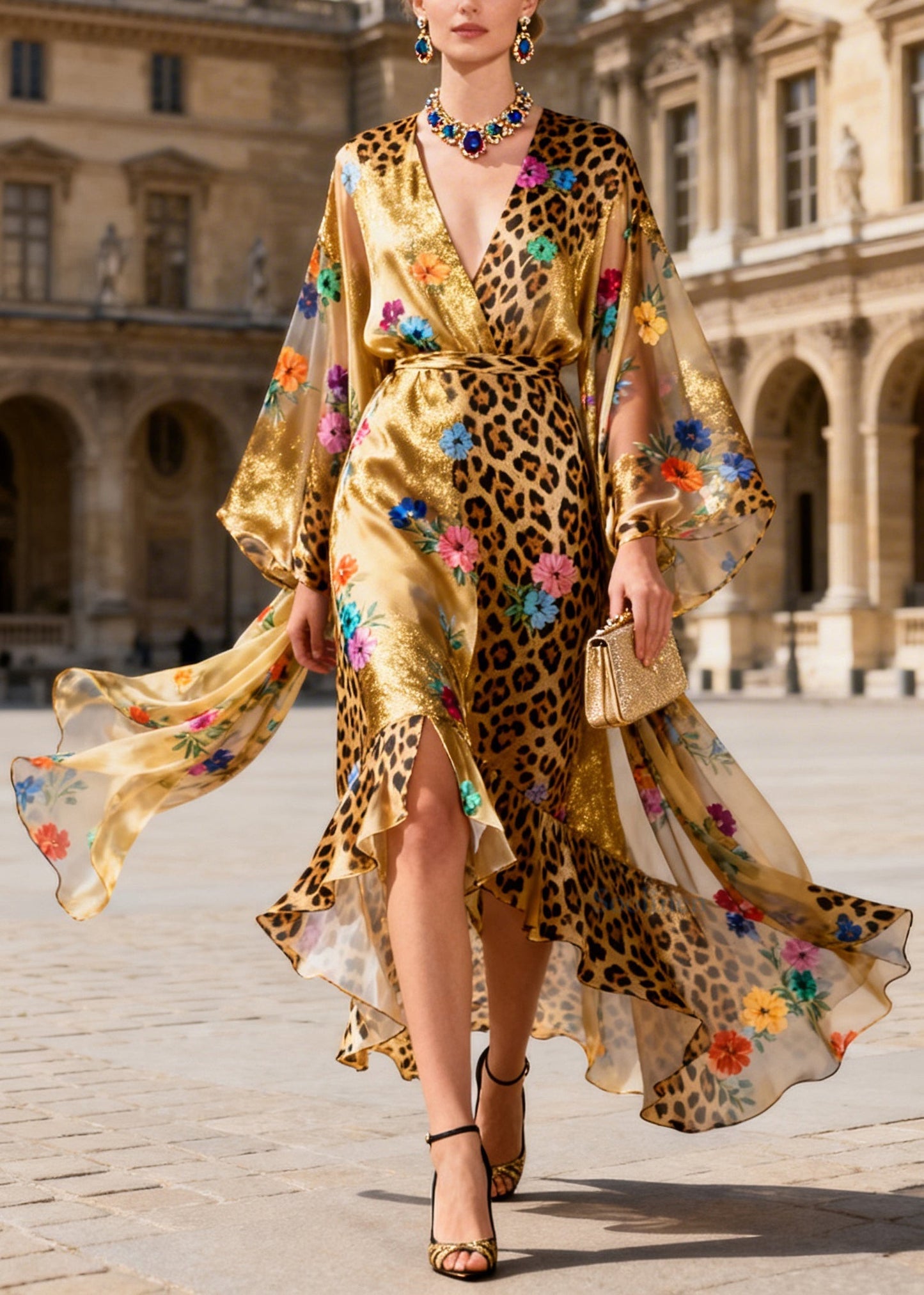 Plus Size Ruffled Asymmetrical Design Floral Silk Maxi Dress Summer