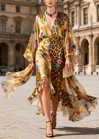Plus Size Ruffled Asymmetrical Design Floral Silk Maxi Dress Summer