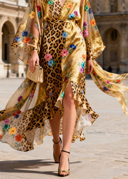 Plus Size Ruffled Asymmetrical Design Floral Silk Maxi Dress Summer