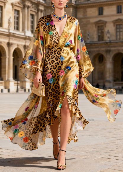 Plus Size Ruffled Asymmetrical Design Floral Silk Maxi Dress Summer