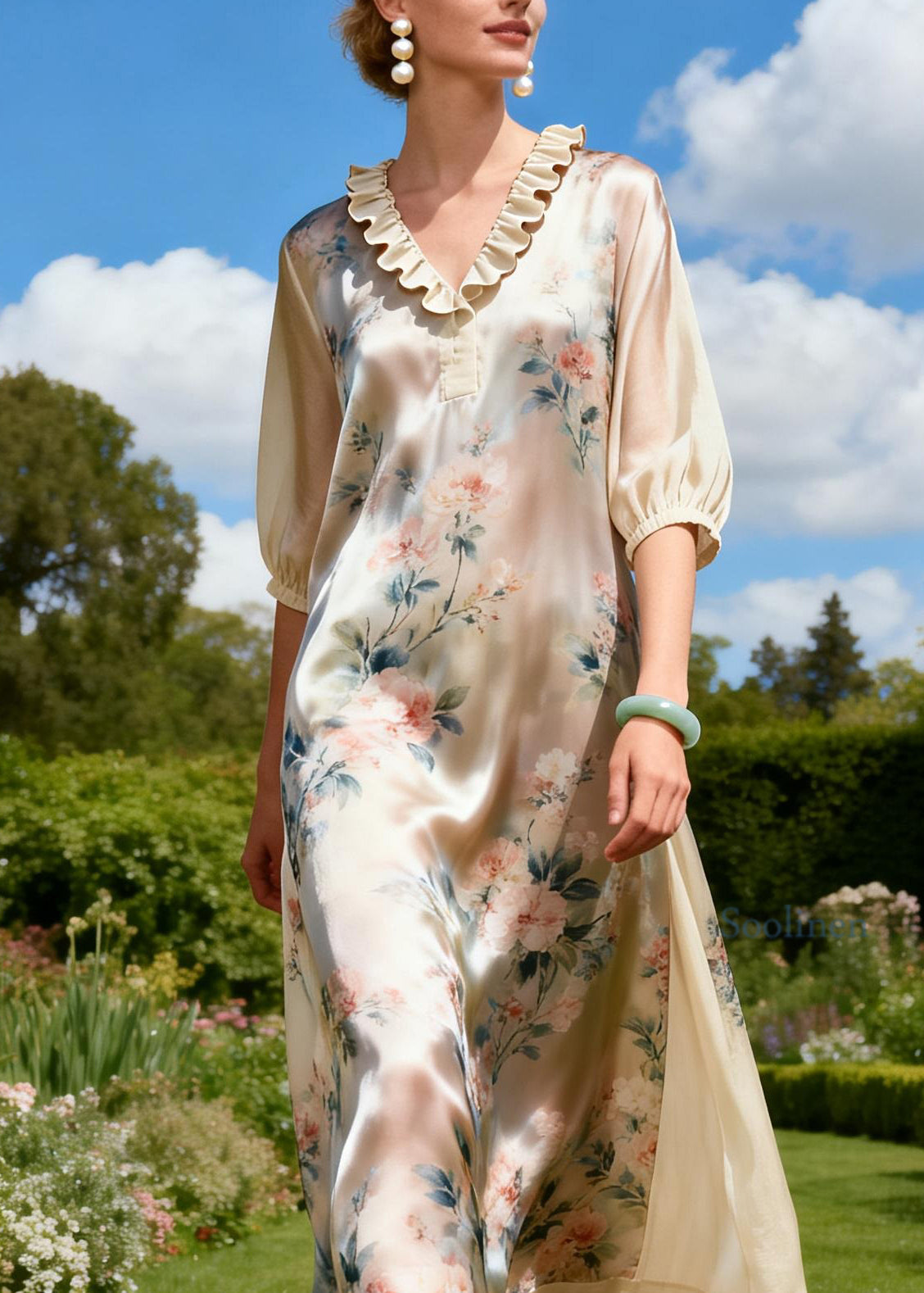 Plus Size Ruffled Print Patchwork Linen Silk Dress Summer