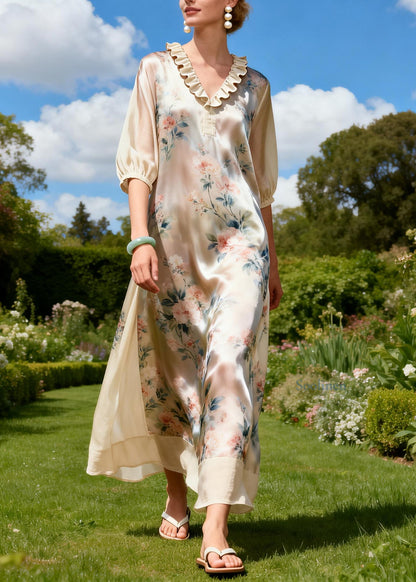 Plus Size Ruffled Print Patchwork Linen Silk Dress Summer