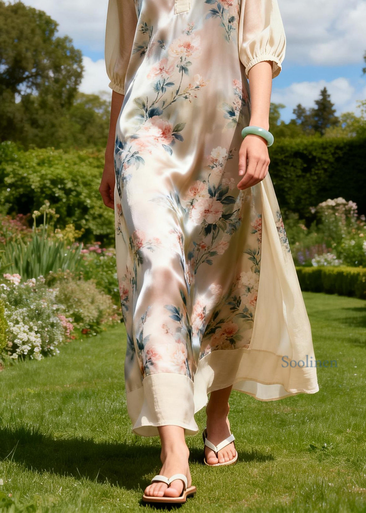 Plus Size Ruffled Print Patchwork Linen Silk Dress Summer