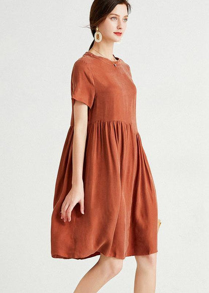 Plus Size Rust Red O-Neck Patchwork Summer Maxi Dresses Short Sleeve - SooLinen