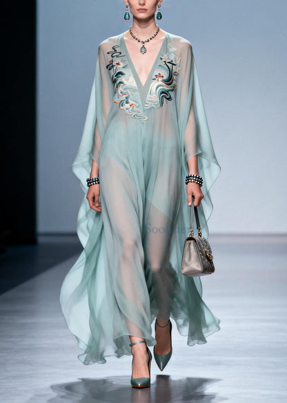 Plus Size Sky Blue Print Draping Chiffon Maxi Dress Batwing Sleeve