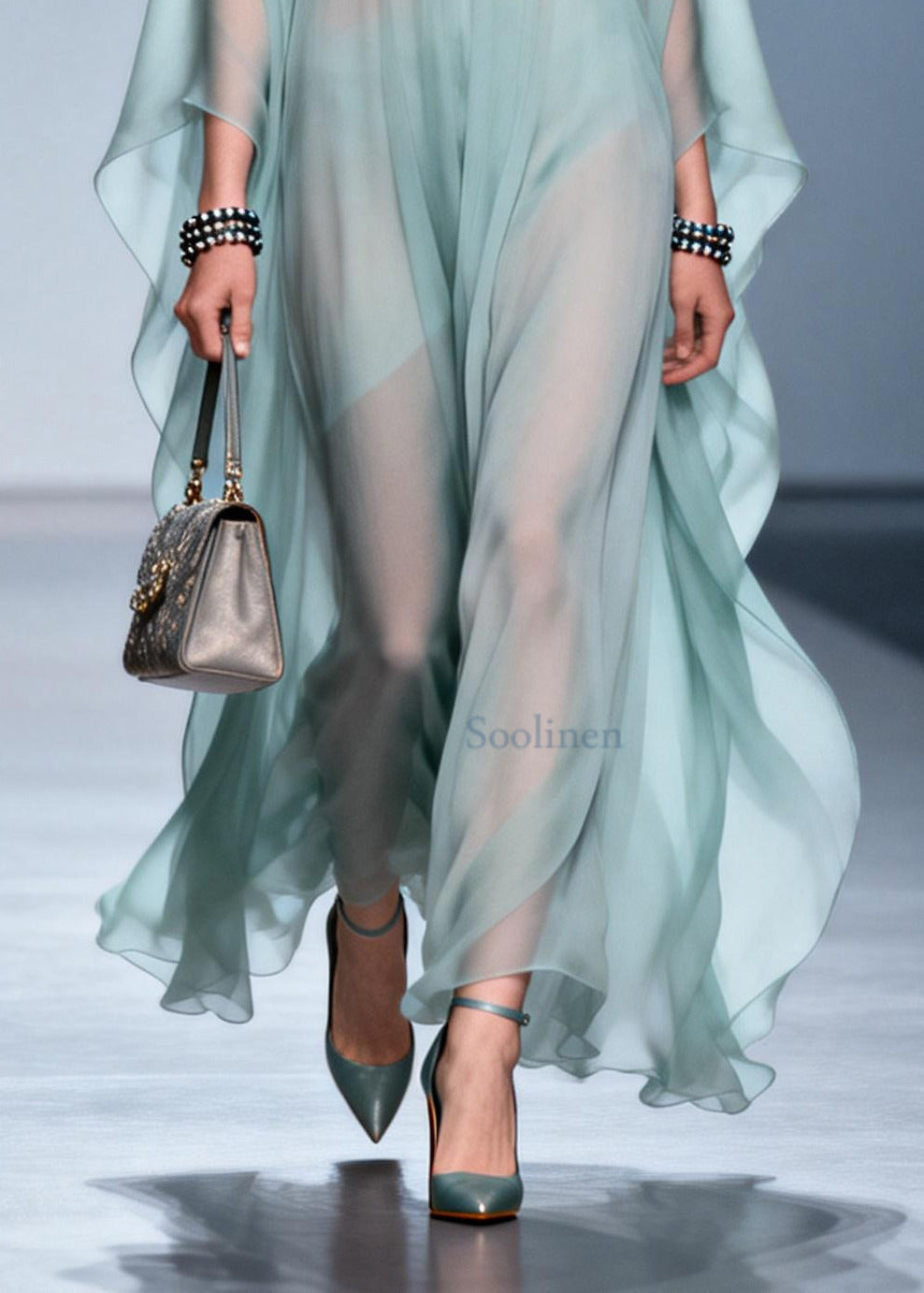 Plus Size Sky Blue Print Draping Chiffon Maxi Dress Batwing Sleeve