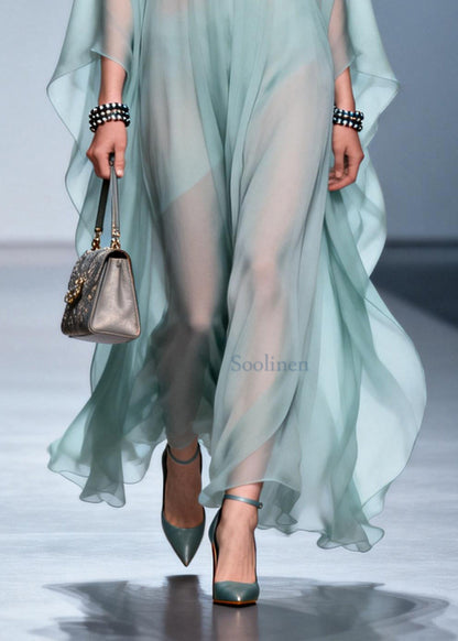 Plus Size Sky Blue Print Draping Chiffon Maxi Dress Batwing Sleeve