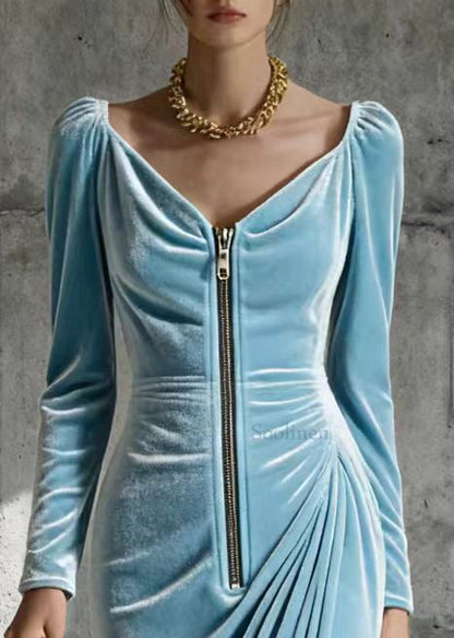 Plus Size Sky Blue Zip Up Wrinkled Silk Velvet Maxi Dresses Spring