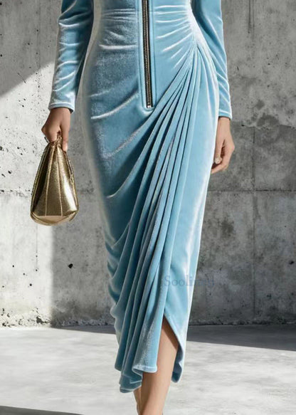 Plus Size Sky Blue Zip Up Wrinkled Silk Velvet Maxi Dresses Spring