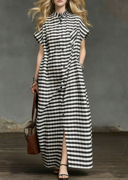 Plus Size Striped Pockets Side Open Cotton Long Dresses Summer