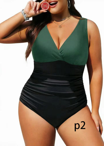 Plus Size Striped V Neck Swimwear Bodysuit Tops