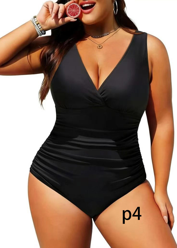 Plus Size Striped V Neck Swimwear Bodysuit Tops