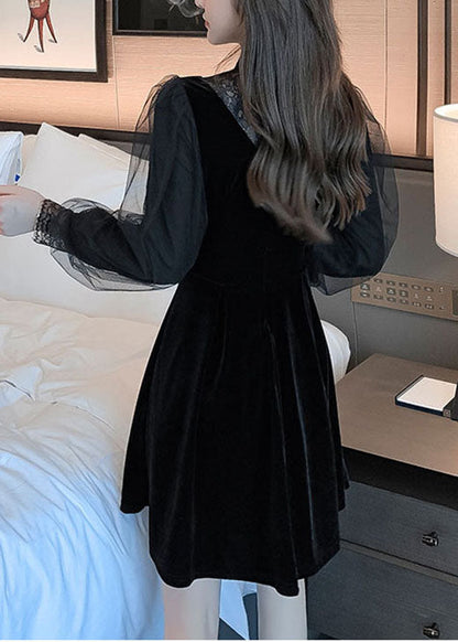 Plus Size Einzigartiges schwarzes Tüll-Patchworkkleid Frühling