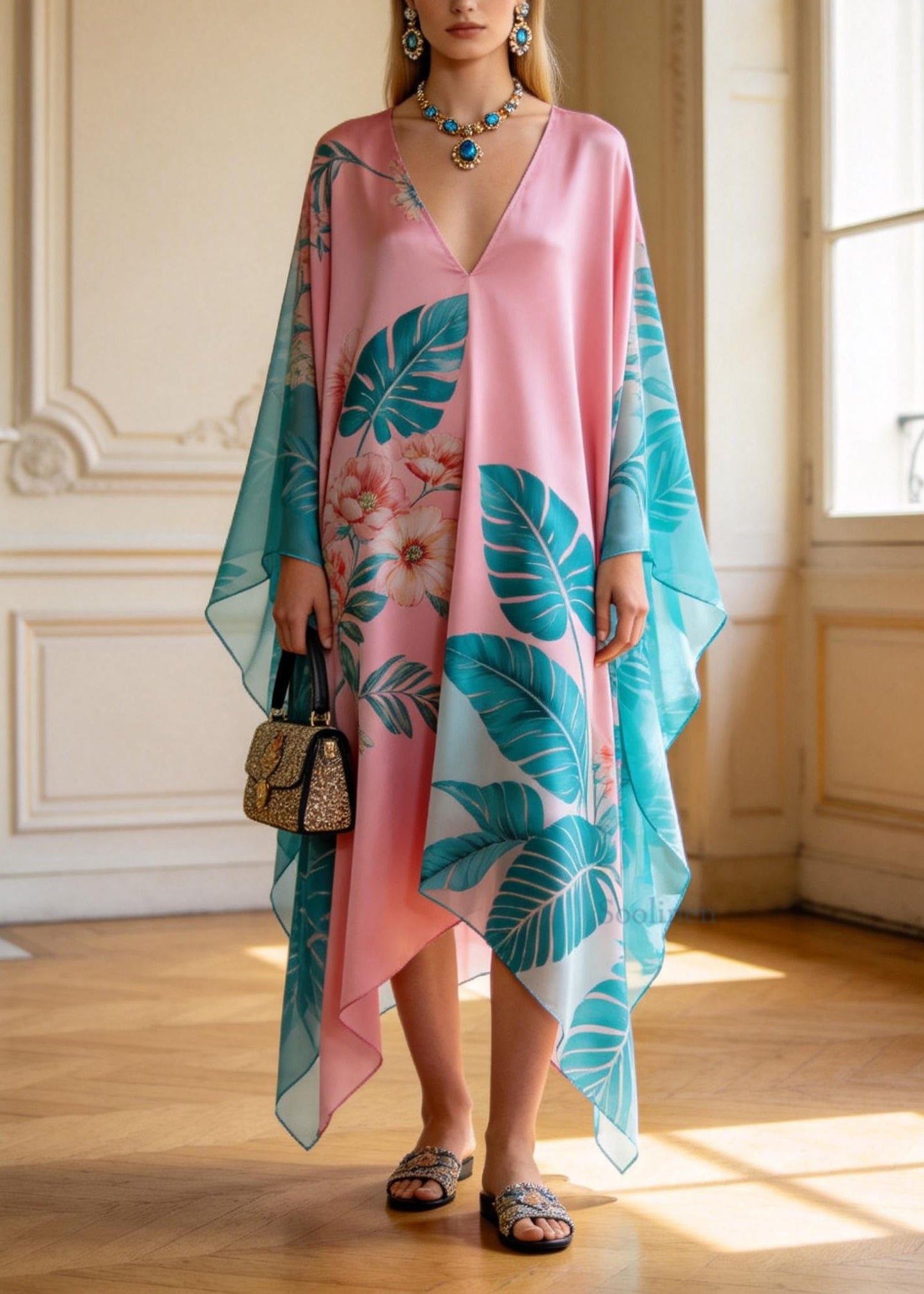 Plus Size V Neck Asymmetrical Design Print Chiffon Dress Summer