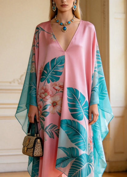 Plus Size V Neck Asymmetrical Design Print Chiffon Dress Summer