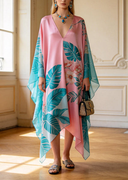 Plus Size V Neck Asymmetrical Design Print Chiffon Dress Summer