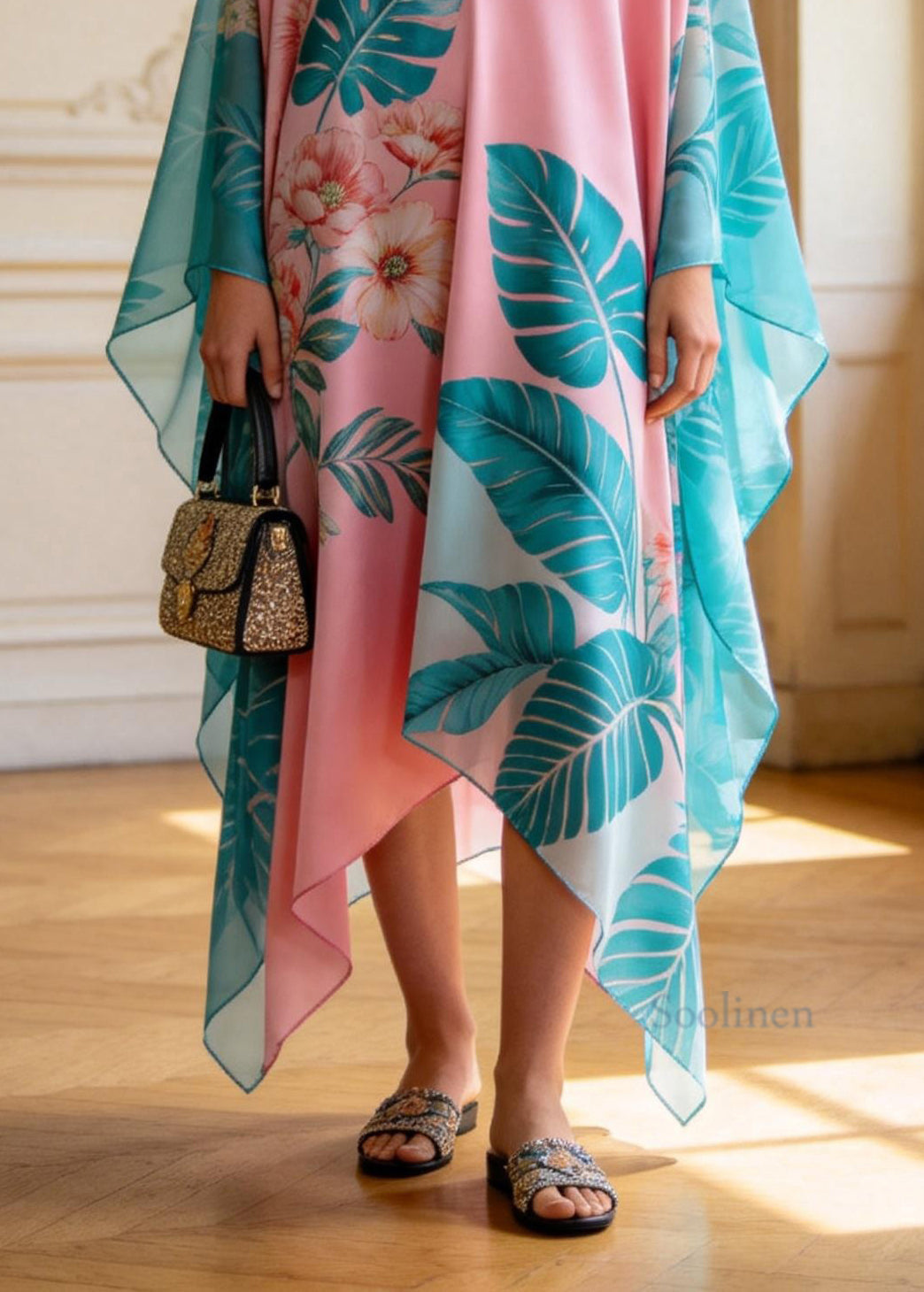Plus Size V Neck Asymmetrical Design Print Chiffon Dress Summer